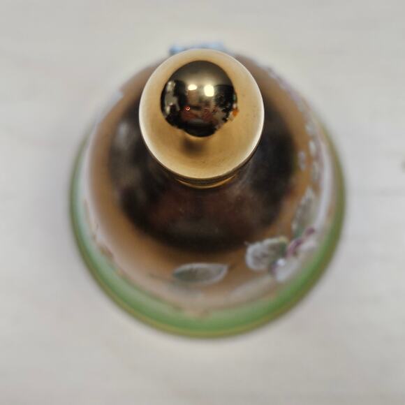 Czechoslovakian Hand Painted Bohemian Glass Bell Green Gold Enameled Flower READ - Picture 6 of 8